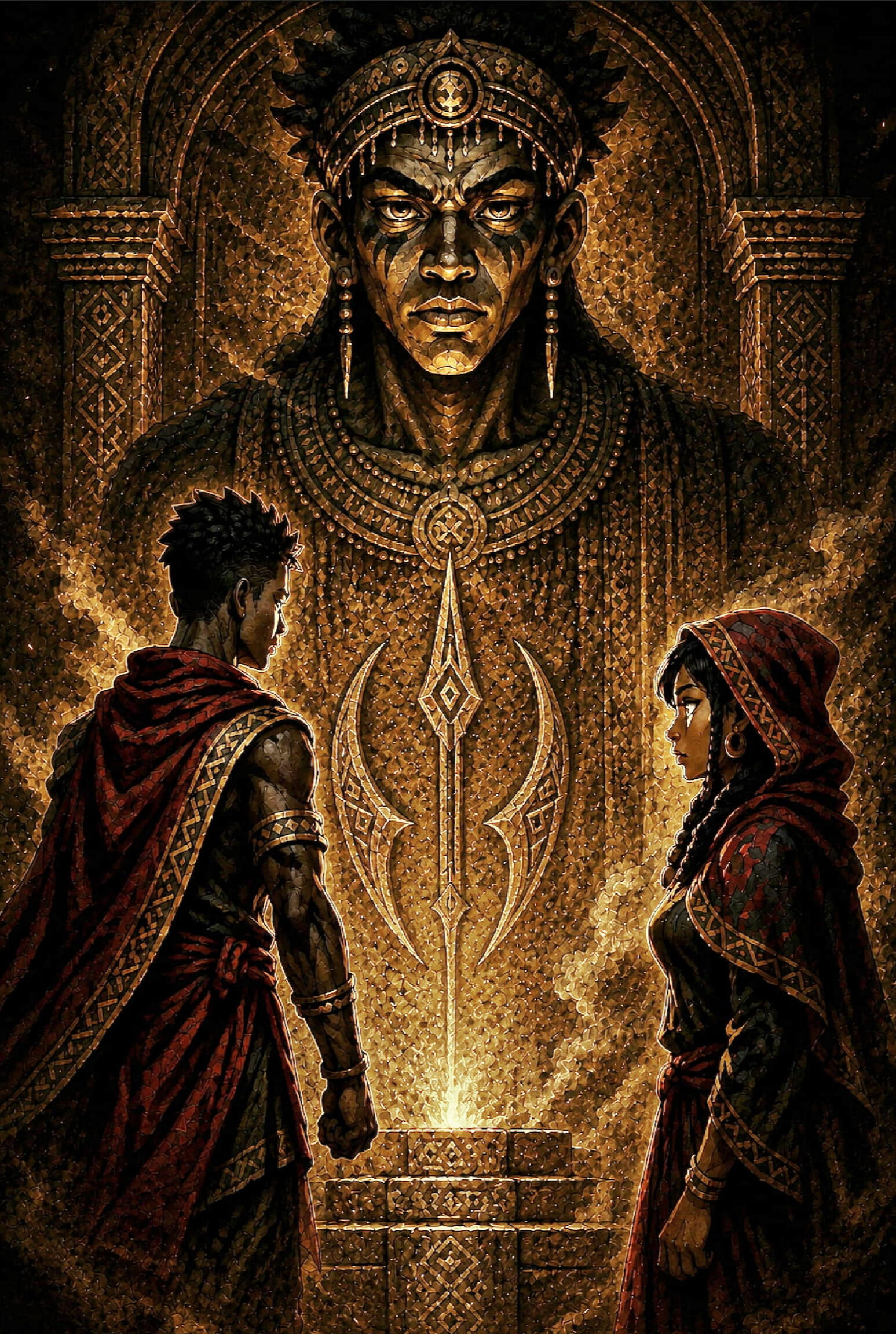 vodoun-saga-illustrated-prologue-ritual-fire.webp Two young initiates standing before a sacred ritual fire as an ancient Vodoun prophecy begins to unfold in VODOUN SAGA.