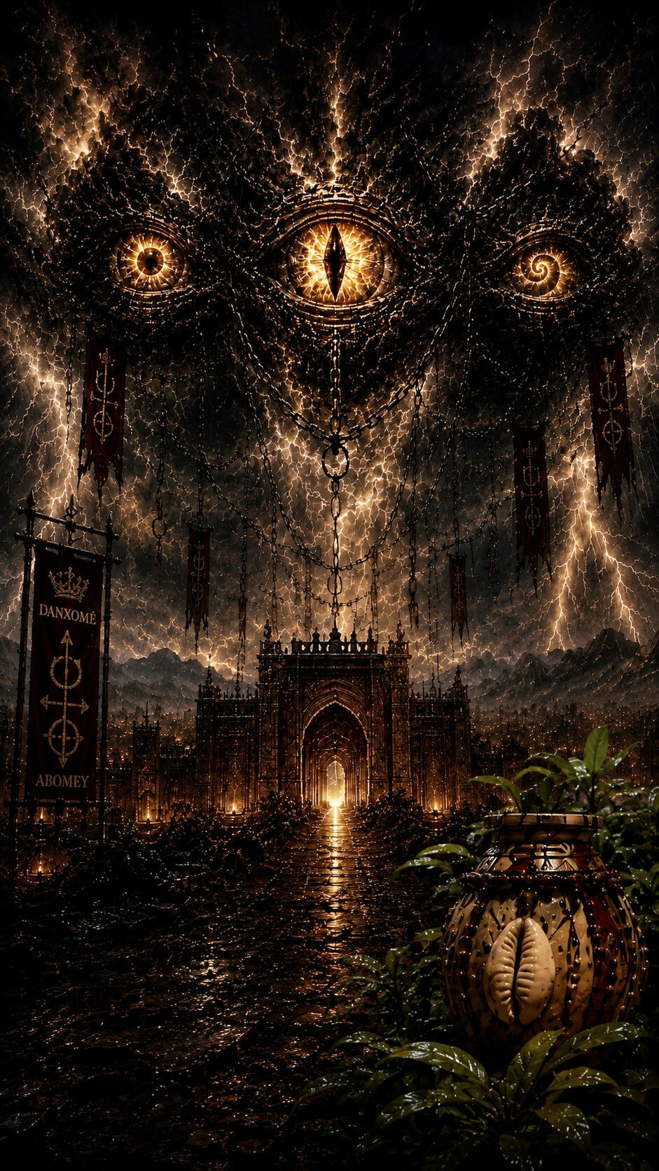 vodoun-saga-gods-are-returning.jpg Three ancient celestial eyes watch from a storm-filled sky above the Kingdom of Danxomè while sacred chains and a monumental Bocio struggle to contain their return.
