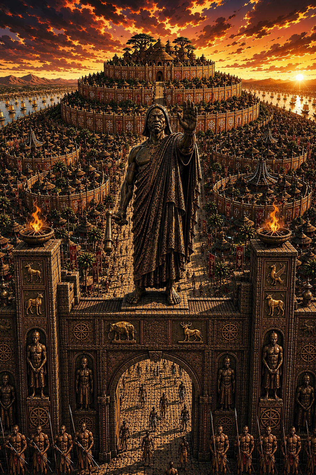 vodoun-saga-world-Panoramic-Vision Panoramic view of Agbomè, the capital of Vodoun Saga, inspired by the Kingdom of Danxomè, featuring the royal gate, monumental statue and palace at sunset.