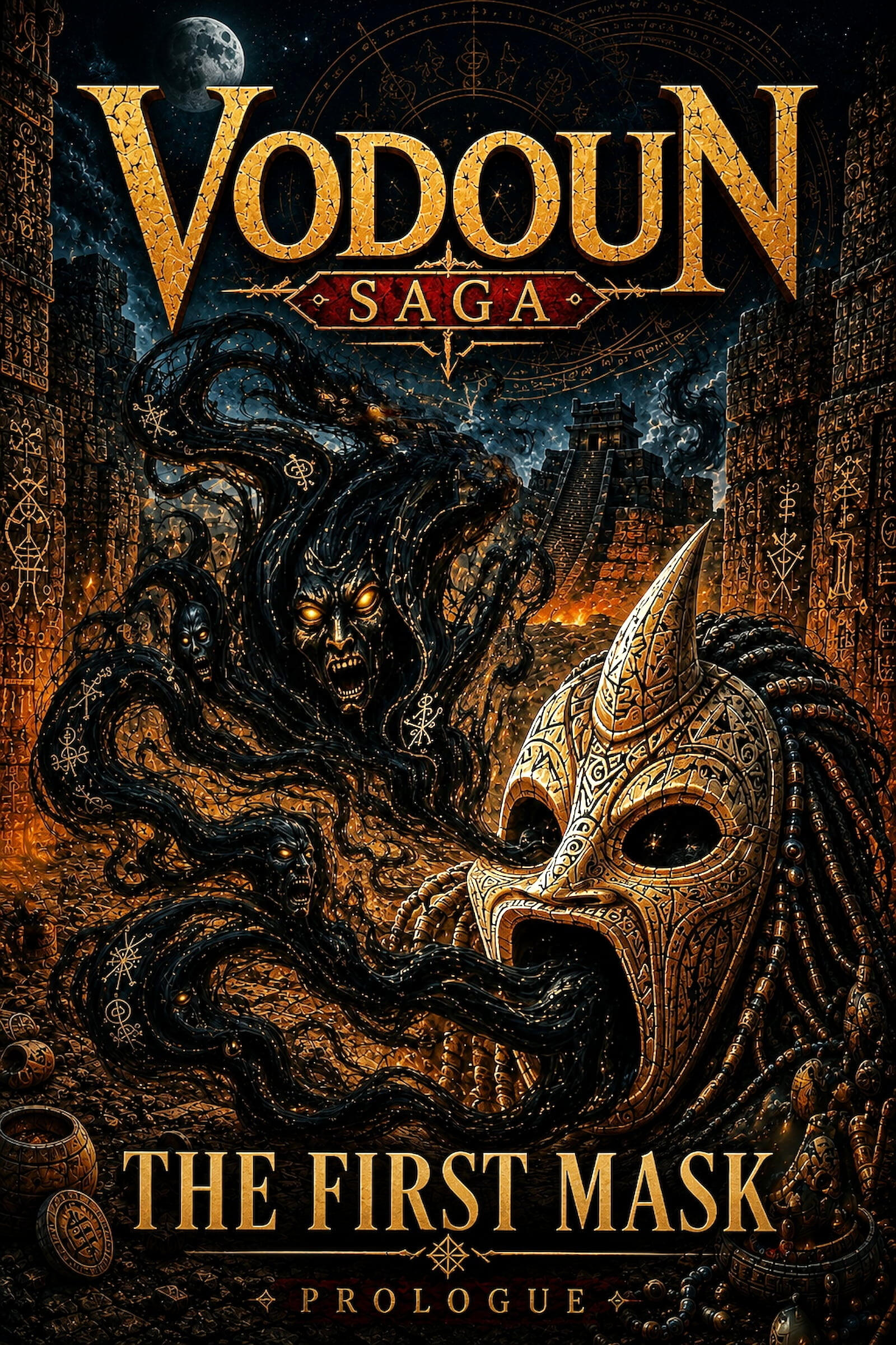 vodoun-saga-the-first-mask-cover.jpg Dark fantasy cover art for Vodoun Saga: The First Mask, featuring a cursed ancient African-inspired mask possessed by a shadowy vodoun spirit inside ruined Danxomè temples.