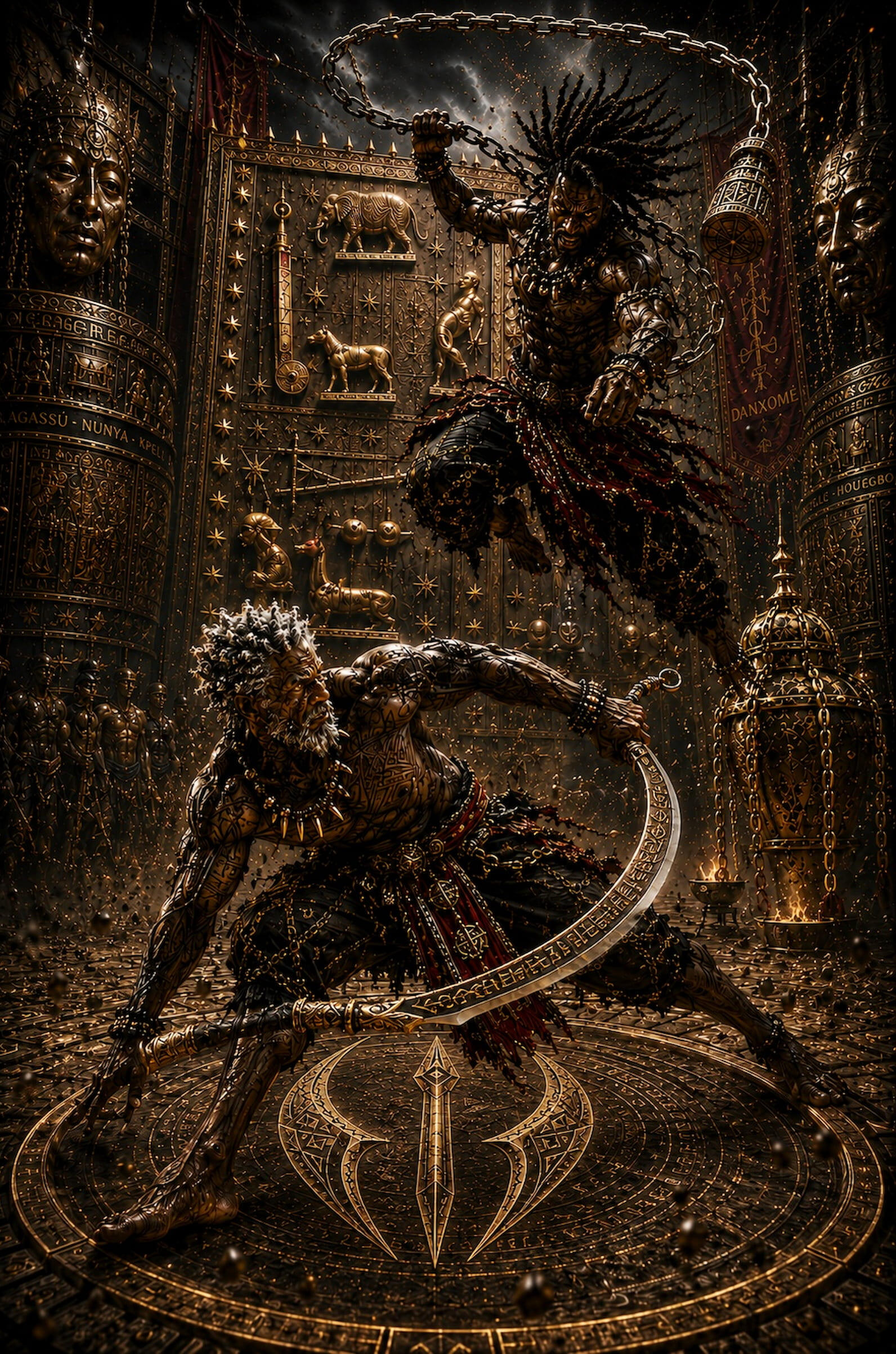 vodoun-saga-danxome-warriors-duel.jpg Two elite Danxomè warriors clash inside a sacred arena engraved with the Weke symbol, surrounded by royal bas-reliefs, ritual chains, masks and Vodoun relics.