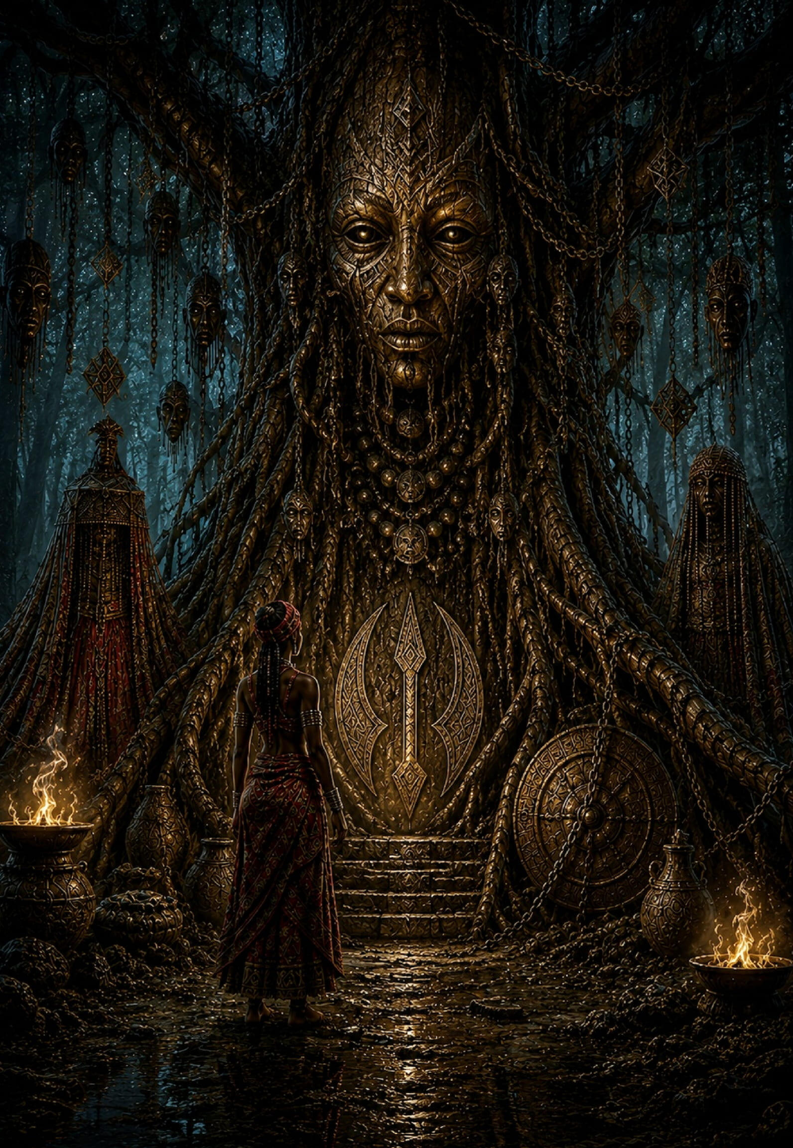 vodoun-saga-world-of-vodoun-sacred-tree Sacred Vodoun sanctuary where an initiate stands before an ancestral spirit tree adorned with masks, relics, chains and glowing Weke symbols.