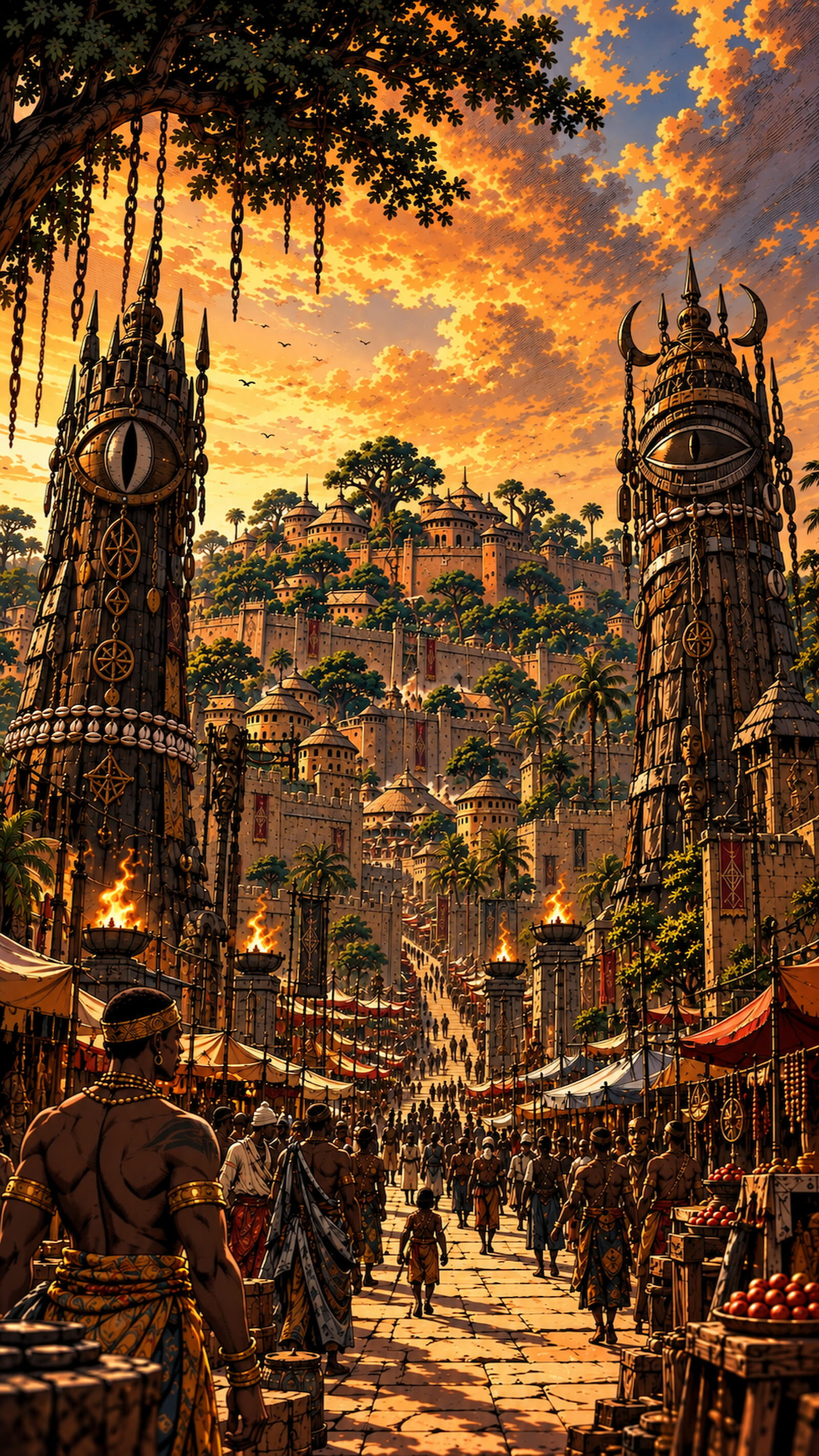 vodoun-saga-world-Panoramic-Vision Panoramic view of Agbomè, the capital of Vodoun Saga, inspired by the Kingdom of Danxomè, featuring the royal gate, monumental statue and palace at sunset.