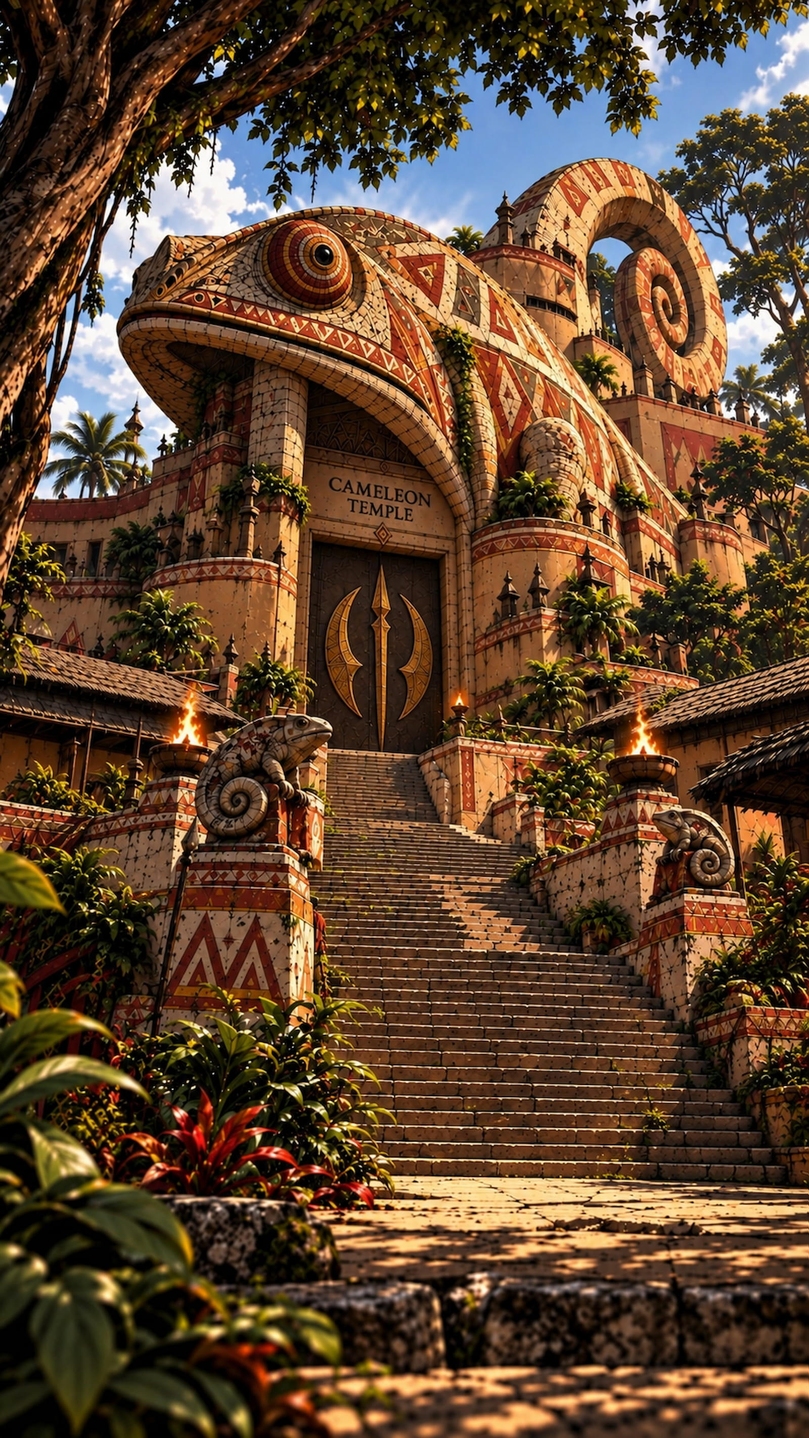 vodoun-saga-world-Panoramic-Vision Panoramic view of Agbomè, the capital of Vodoun Saga, inspired by the Kingdom of Danxomè, featuring the royal gate, monumental statue and palace at sunset.