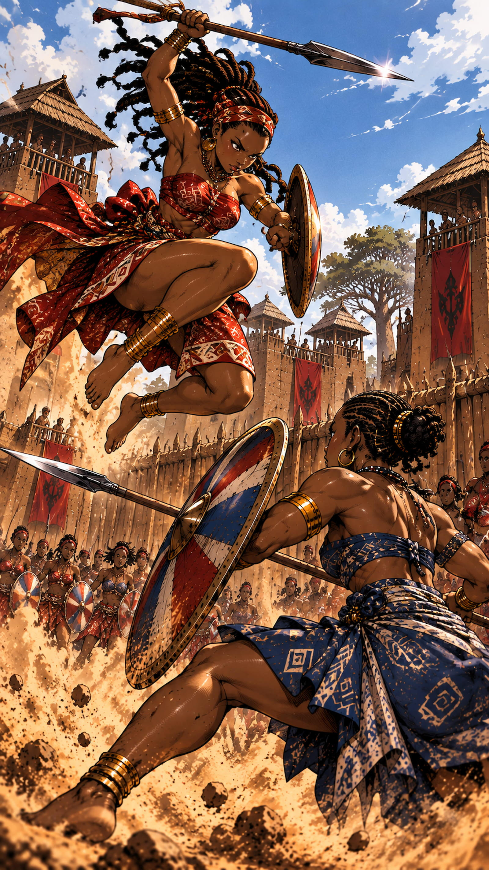 vodoun-saga-world-Panoramic-Vision Panoramic view of Agbomè, the capital of Vodoun Saga, inspired by the Kingdom of Danxomè, featuring the royal gate, monumental statue and palace at sunset.