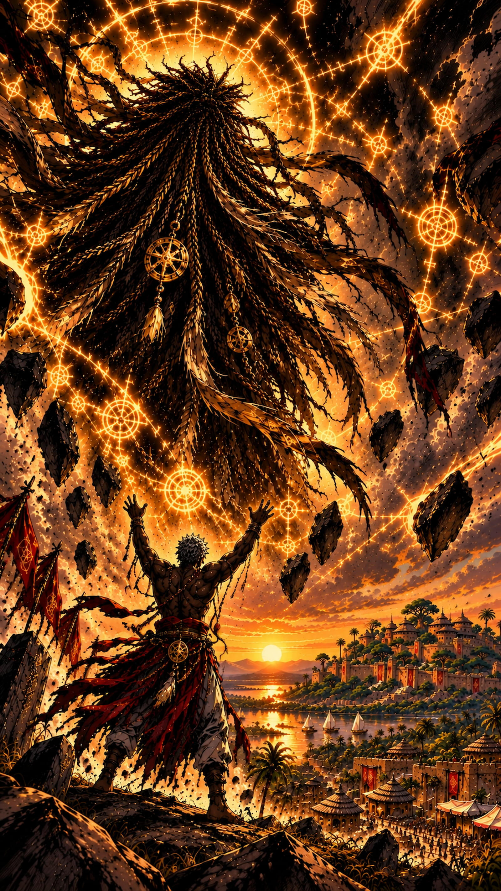 vodoun-saga-world-Panoramic-Vision Panoramic view of Agbomè, the capital of Vodoun Saga, inspired by the Kingdom of Danxomè, featuring the royal gate, monumental statue and palace at sunset.