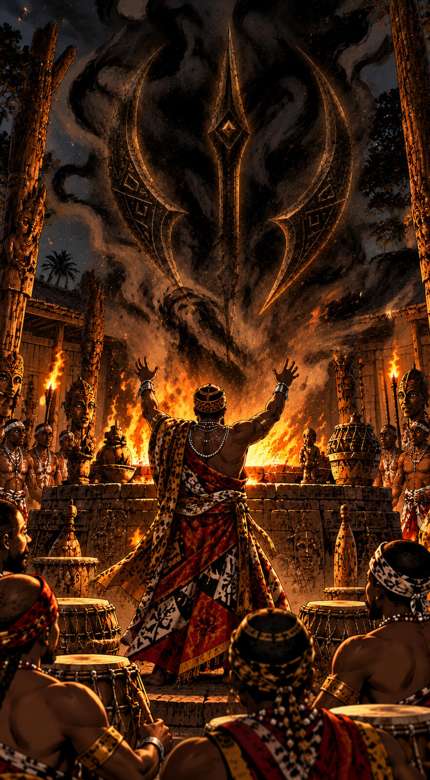 vodoun-saga-world-Panoramic-Vision Panoramic view of Agbomè, the capital of Vodoun Saga, inspired by the Kingdom of Danxomè, featuring the royal gate, monumental statue and palace at sunset.