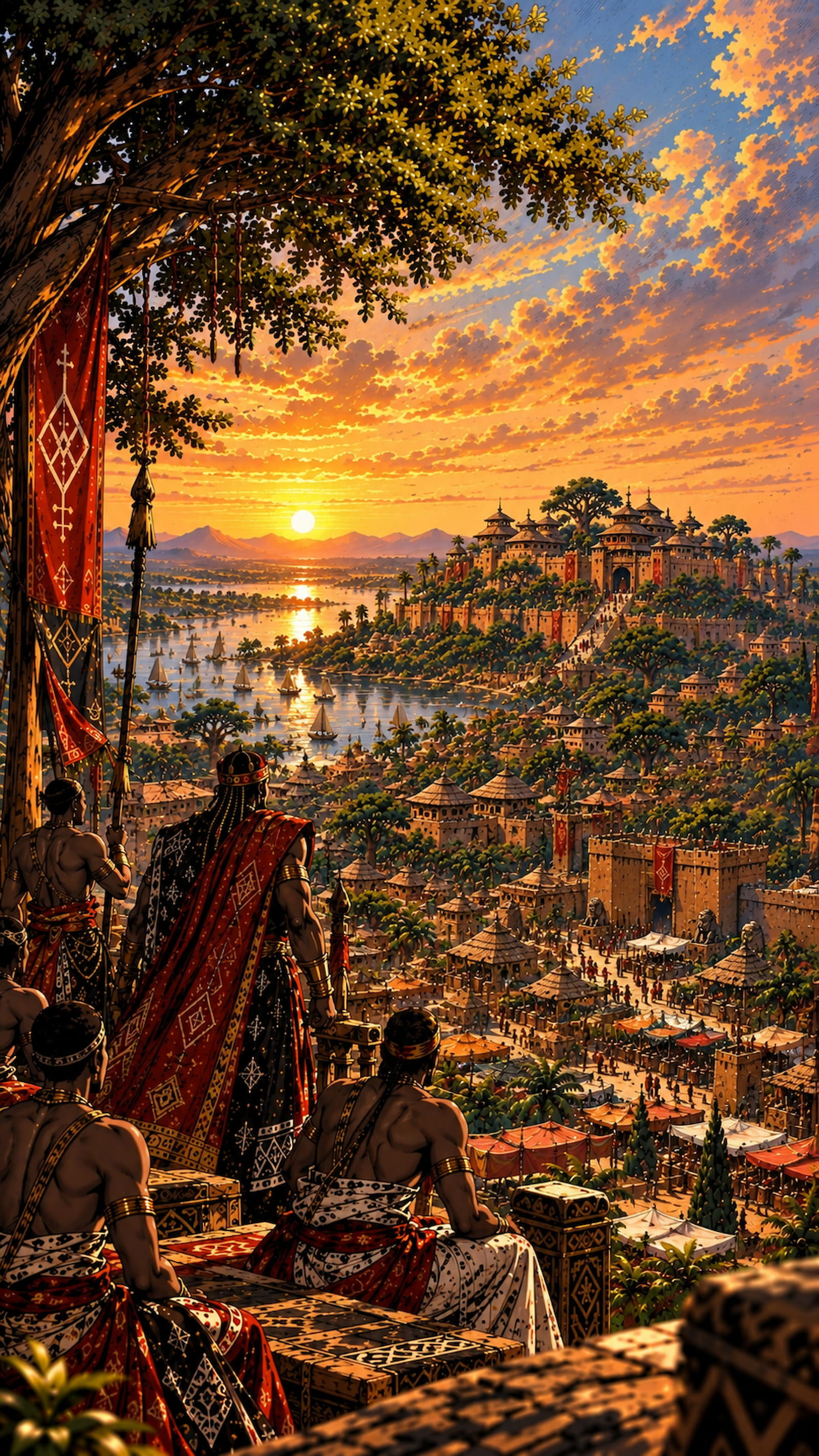 vodoun-saga-world-Panoramic-Vision Panoramic view of Agbomè, the capital of Vodoun Saga, inspired by the Kingdom of Danxomè, featuring the royal gate, monumental statue and palace at sunset.