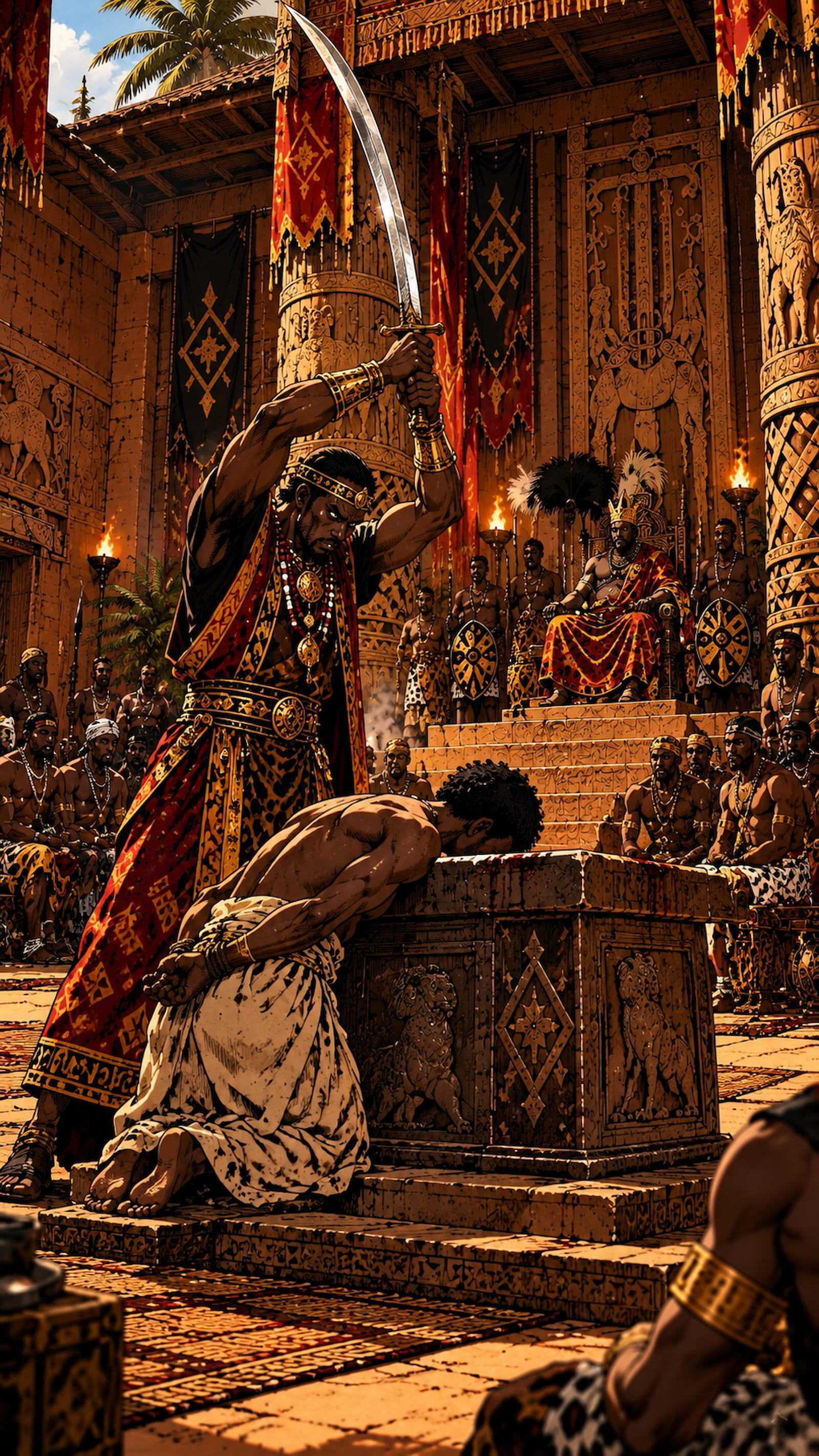 vodoun-saga-world-Panoramic-Vision Panoramic view of Agbomè, the capital of Vodoun Saga, inspired by the Kingdom of Danxomè, featuring the royal gate, monumental statue and palace at sunset.