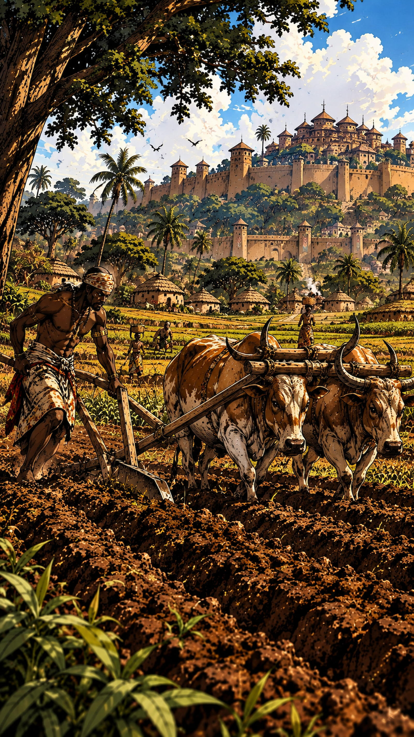 vodoun-saga-world-Panoramic-Vision Panoramic view of Agbomè, the capital of Vodoun Saga, inspired by the Kingdom of Danxomè, featuring the royal gate, monumental statue and palace at sunset.